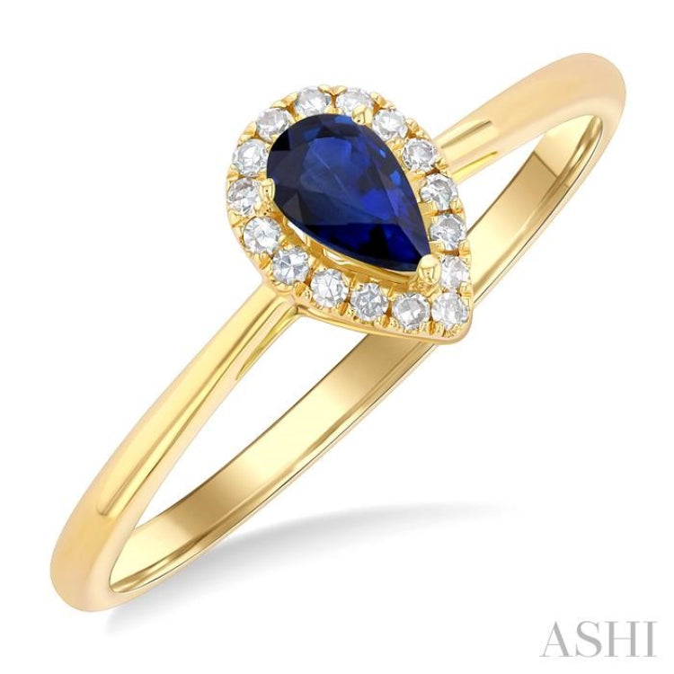 5x3 MM Pear Shape Sapphire and 1/20 Ctw Single Cut Diamond Halo Precious Ring in 10K Yellow Gold