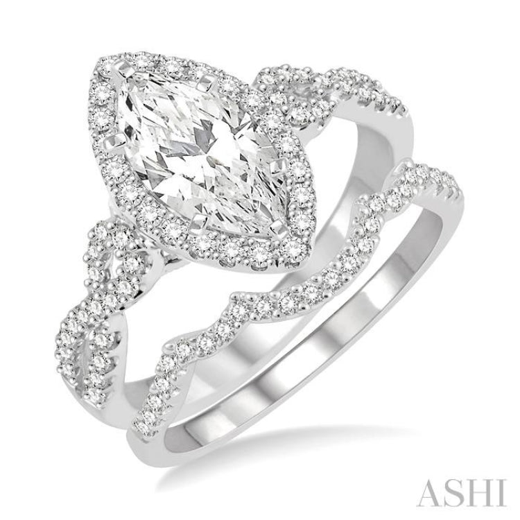 1 1/6 Ctw Round Cut Diamond Wedding Set With 1 Ctw Split Bow Shank Marquise Cut Engagement Ring and 1/6 Ctw Triple Arch Wedding Band in 14K White Gold