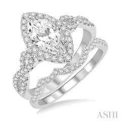 1 1/6 Ctw Round Cut Diamond Wedding Set With 1 Ctw Split Bow Shank Marquise Cut Engagement Ring and 1/6 Ctw Triple Arch Wedding Band in 14K White Gold
