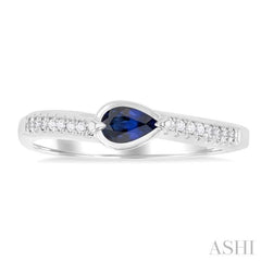 5x3 MM East-West Set Pear Cut Sapphire and 1/20 Ctw Single Cut Diamond Precious Fashion Ring in 14K White Gold