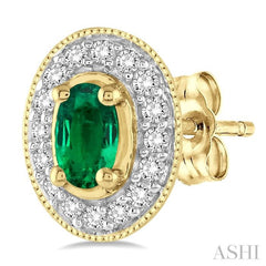 5x3 MM Oval Cut Emerald and 1/4 Ctw Round Cut Diamond Earrings in 14K Yellow Gold