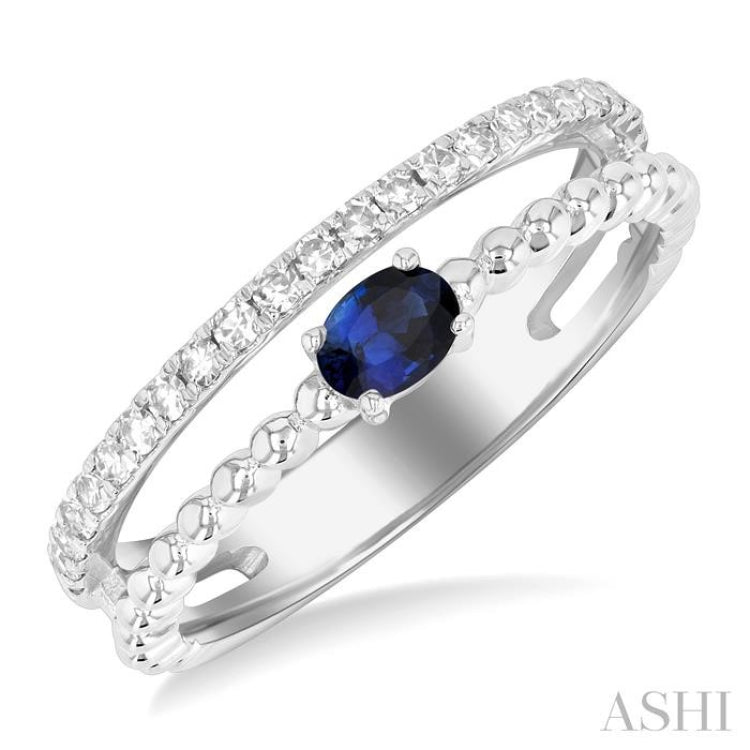4x3 MM Oval Shape Sapphire and 1/5 Ctw Single Cut Diamond Precious Split Twin Ring in 10K White Gold