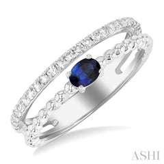 4x3 MM Oval Shape Sapphire and 1/5 Ctw Single Cut Diamond Precious Split Twin Ring in 10K White Gold