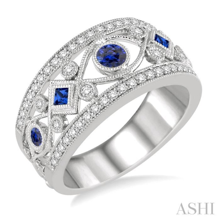 1/3 Ctw Round Cut Diamond and Princess & Round Cut Sapphire Precious Band in 14K White Gold