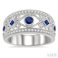 1/3 Ctw Round Cut Diamond and Princess & Round Cut Sapphire Precious Band in 14K White Gold