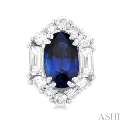5x3 MM Oval Cut Sapphire and 1/3 Ctw Baguette & Round Cut Diamond Hexagon Shape Halo Precious Stud Earrings in 10K White Gold