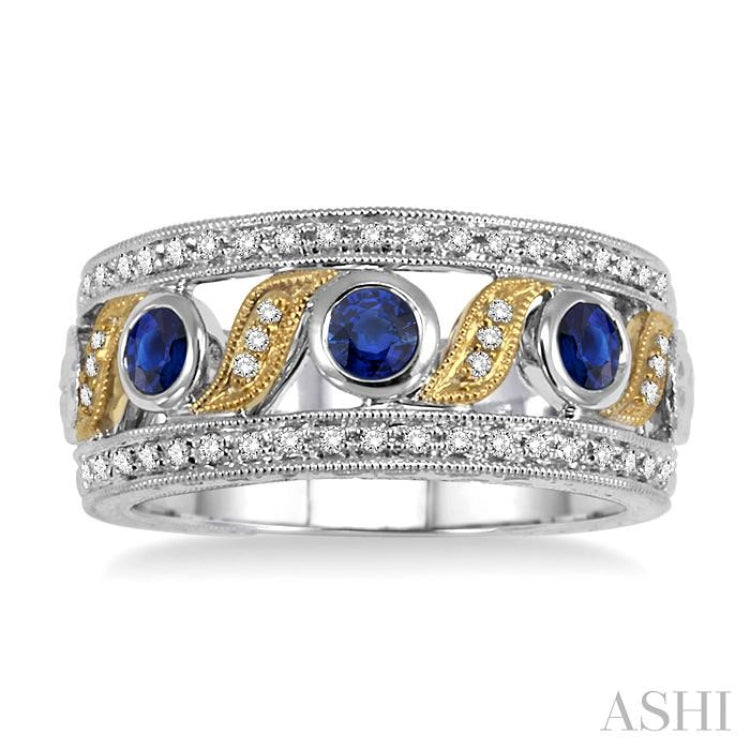 3 MM Diamond cut Round Sapphire and 1/6 Ctw Round Cut Diamond Precious Fashion Band in 14K White and Yellow Gold