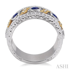 3 MM Diamond cut Round Sapphire and 1/6 Ctw Round Cut Diamond Precious Fashion Band in 14K White and Yellow Gold