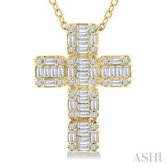 1/2 Ctw Fusion Baguette and Round Cut Diamond Cross Fashion Pendant With Chain in 14K Yellow Gold