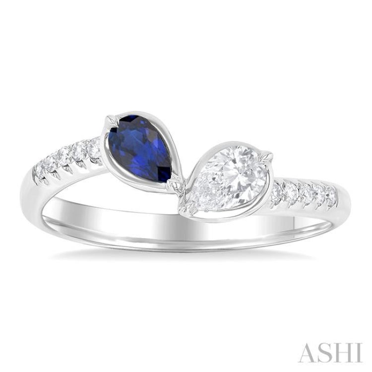 5x3 MM Pear Cut Sapphire and 1/3 Ctw Pear & Round Cut Diamond Toi Et Moi Precious Fashion Ring in 14K White Gold