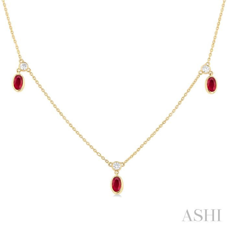 5x3 MM Oval Shape Ruby and 1/4 Ctw Round Cut Diamonds Precious Station Necklace in 14K Yellow Gold