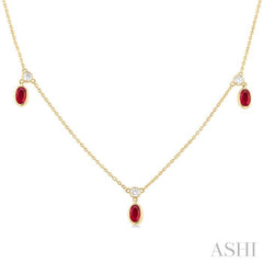 5x3 MM Oval Shape Ruby and 1/4 Ctw Round Cut Diamonds Precious Station Necklace in 14K Yellow Gold