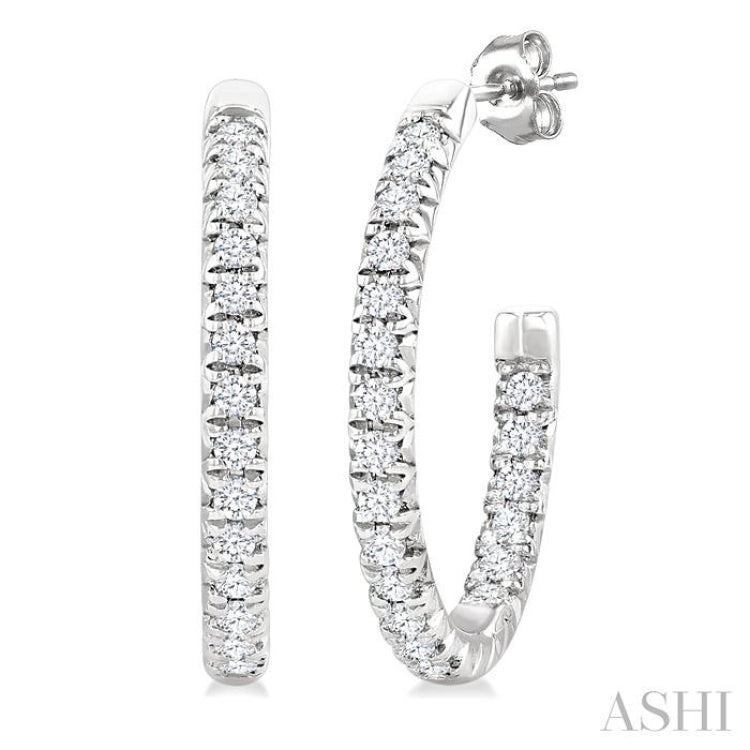 1/6 Ctw French Pave Set Round Cut Diamond Fashion Half Hoop Earring in 14K White Gold