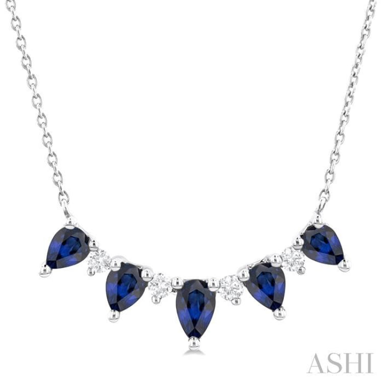 5x3 MM & 4x3 MM Pear Cut Sapphire and 1/8 Ctw Round Cut Diamond Precious Necklace in 14K White Gold
