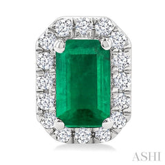 5x3 MM Octagonal Shape Emerald and 1/8 Ctw Round Cut Diamond Halo Precious Stud Earrings in 10K White Gold