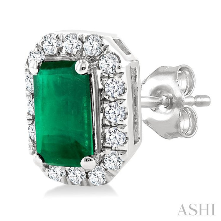 5x3 MM Octagonal Shape Emerald and 1/8 Ctw Round Cut Diamond Halo Precious Stud Earrings in 10K White Gold