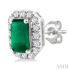 5x3 MM Octagonal Shape Emerald and 1/8 Ctw Round Cut Diamond Halo Precious Stud Earrings in 10K White Gold