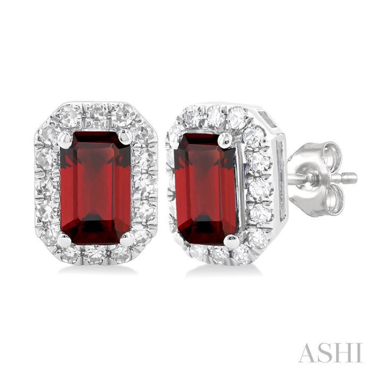 5x3 MM Octagonal Shape Garnet and 1/8 Ctw Round Cut Diamond Halo Semi-Precious Stud Earrings in 10K White Gold