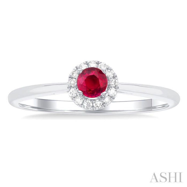 3.25 MM Round Ruby and 1/20 Ctw Single Cut Diamond Halo Precious Ring in 10K White Gold