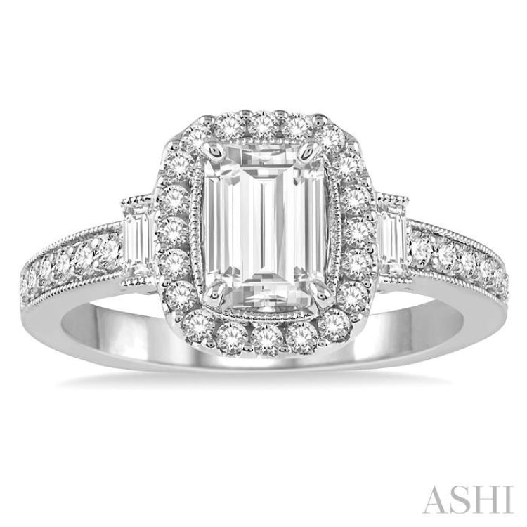 7/8 Ctw Diamond Engagement Ring with 1/2 Ct Octagon Cut Center Diamond in 14K White Gold