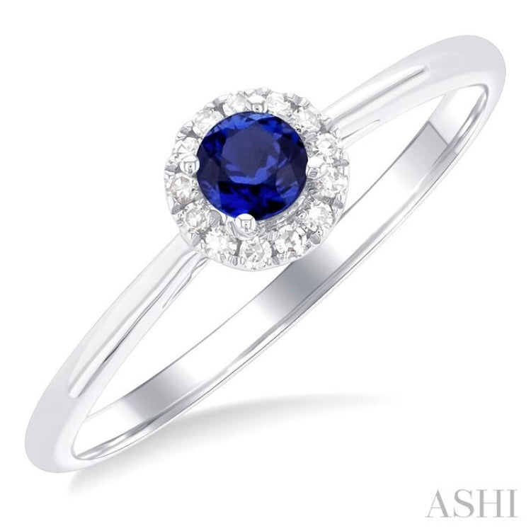 3.25 MM Round Sapphire and 1/20 Ctw Round Cut Diamond Halo Precious Ring in 14K White Gold