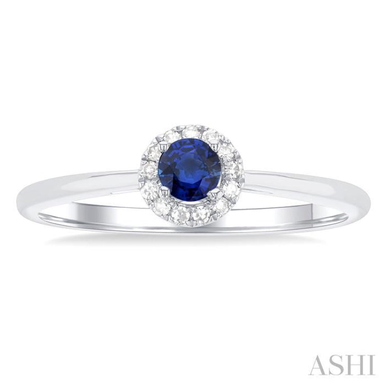 3.25 MM Round Sapphire and 1/20 Ctw Round Cut Diamond Halo Precious Ring in 14K White Gold