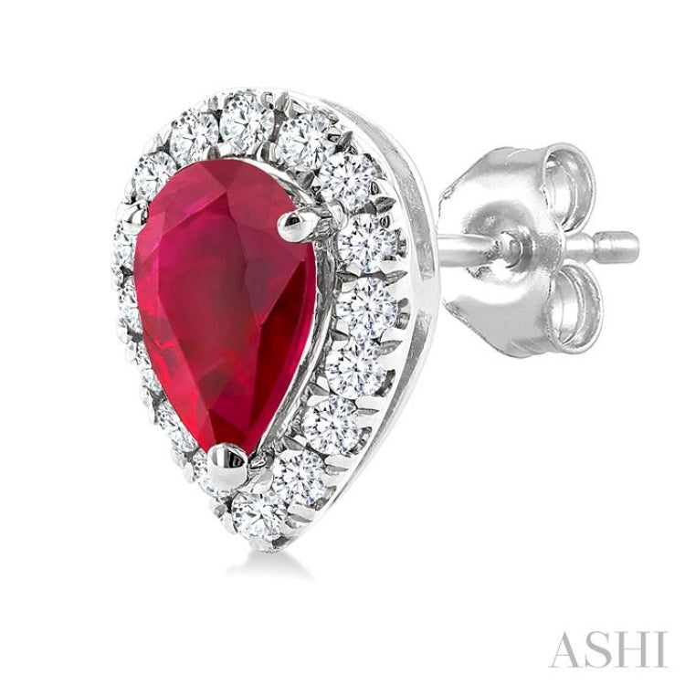 5x3 MM Pear Shape Ruby and 1/8 Ctw Round Cut Diamond Halo Precious Stud Earrings in 10K White Gold