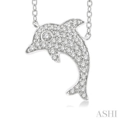 1/6 Ctw Sea Life Petite Dolphin Round Cut Diamond Fashion Pendant With Chain in 10K White Gold