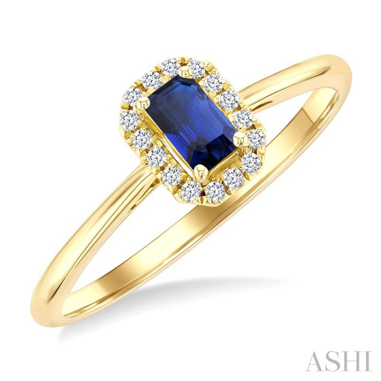 5x3 MM Octagonal Shape Sapphire and 1/20 Ctw Round Cut Diamond Halo Precious Ring in 10K Yellow Gold