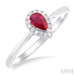5x3 MM Pear Shape Ruby and 1/20 Ctw Round Cut Diamond Halo Precious Ring in 10K White Gold