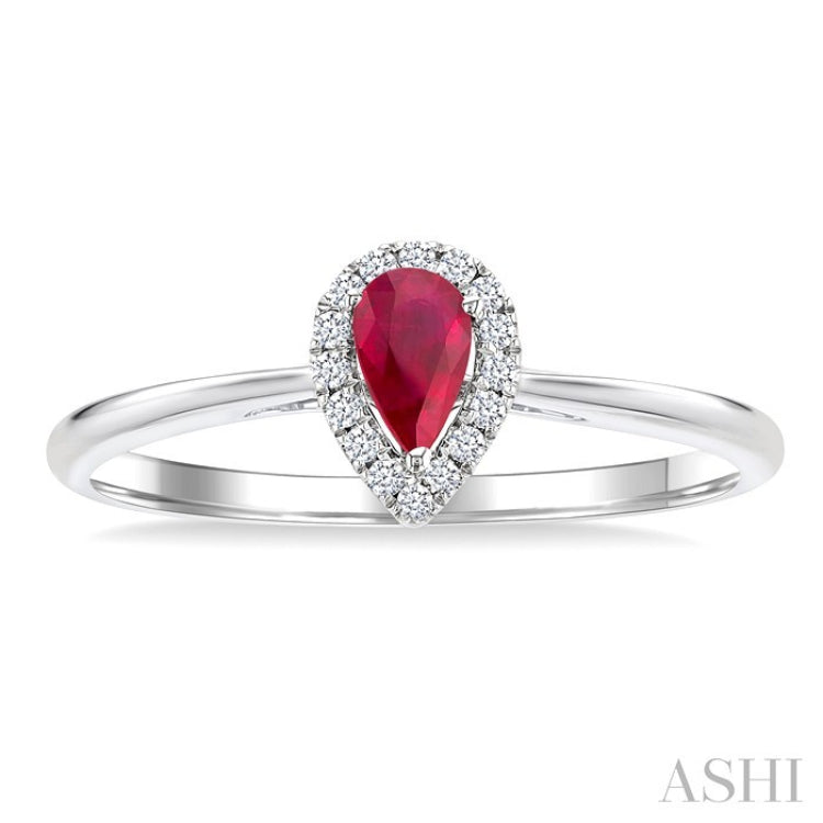 5x3 MM Pear Shape Ruby and 1/20 Ctw Round Cut Diamond Halo Precious Ring in 10K White Gold