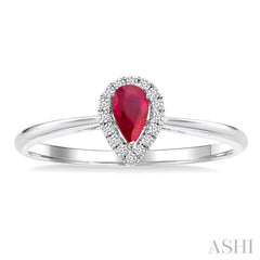 5x3 MM Pear Shape Ruby and 1/20 Ctw Round Cut Diamond Halo Precious Ring in 10K White Gold
