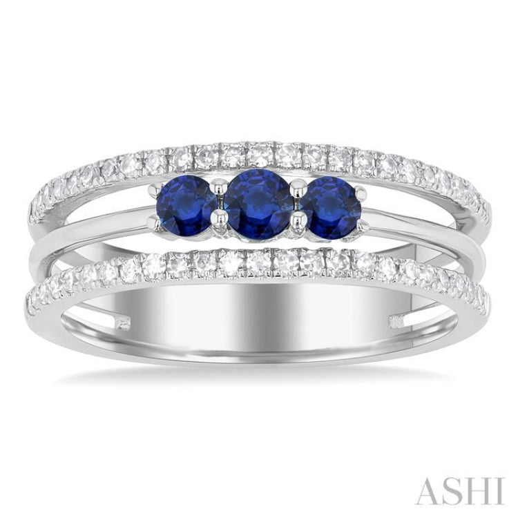 3.2 MM, 2.7 MM Round Cut Sapphire & 1/4 Ctw Round Cut Diamond Past, Present and Future Precious Layered Fashion Ring in 10K White Gold