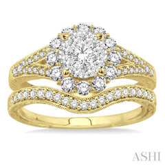3/4 Ctw Diamond Lovebright Wedding Set with 5/8 Ctw Engagement Ring in Yellow and White Gold and 1/6 Ctw Wedding Band in 14K Yellow Gold