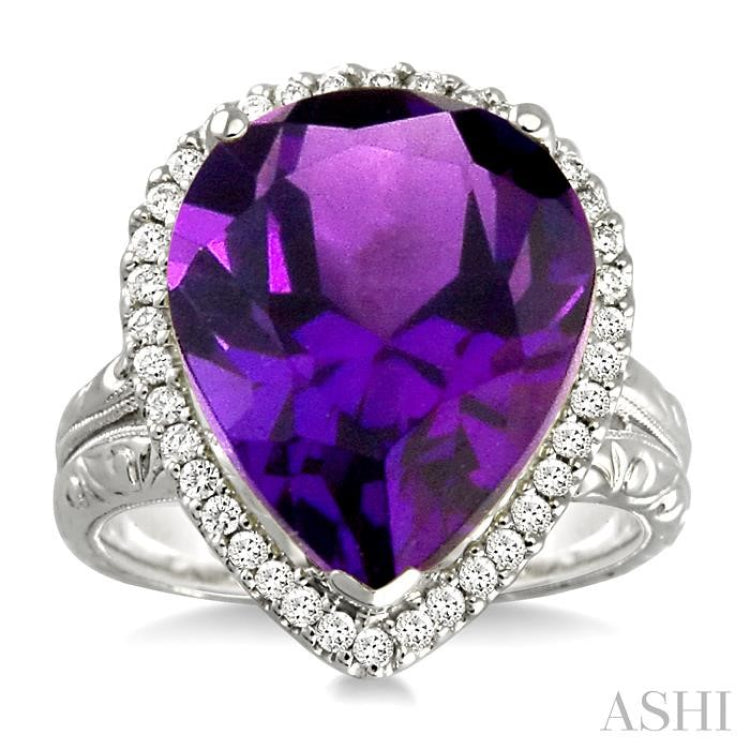 16x13 MM Pear Shape Amethyst and 1/3 Ctw Round Cut Diamond Semi-Precious Ring in 14K White Gold