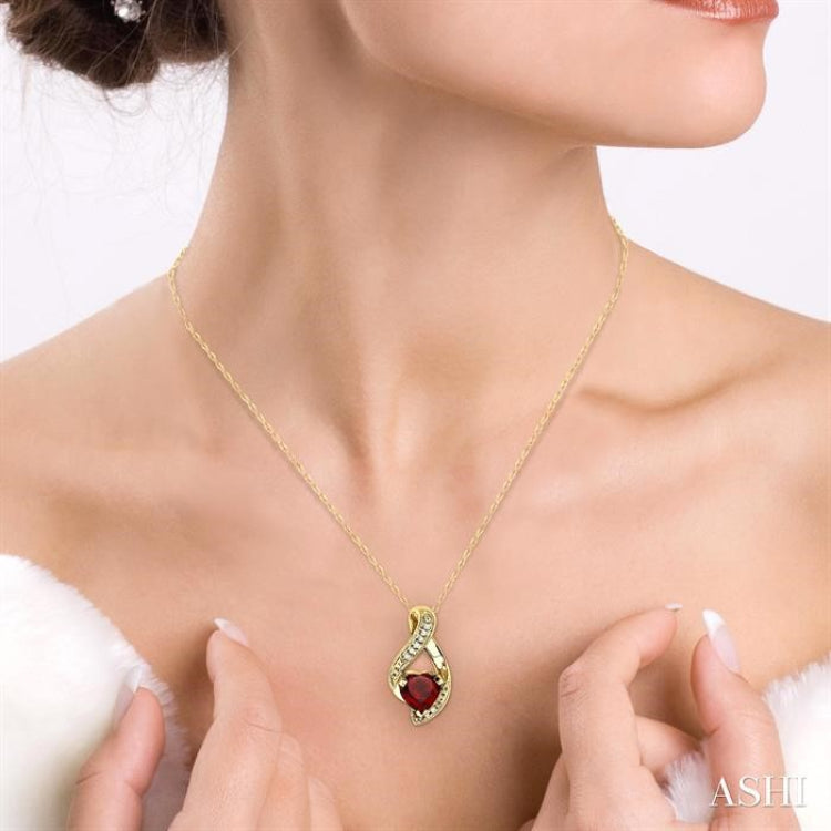 7x7 MM Heart Shape Garnet and 1/20 Ctw Round Cut Diamond Semi-Precious Pendant in 10K Yellow Gold with Chain