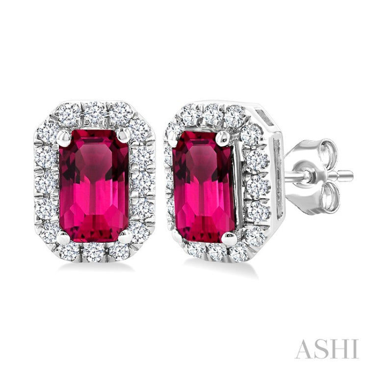 5x3 MM Octagonal Shape Pink Tourmaline and 1/8 Ctw Round Cut Diamond Halo Semi-Precious Stud Earrings in 10K White Gold