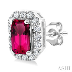 5x3 MM Octagonal Shape Pink Tourmaline and 1/8 Ctw Round Cut Diamond Halo Semi-Precious Stud Earrings in 10K White Gold