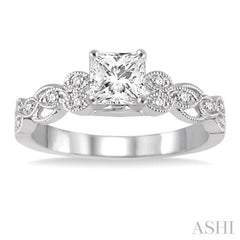 1/2 Ctw Diamond Engagement Ring with 1/3 Ct Princess Cut Center Stone in 14K White Gold