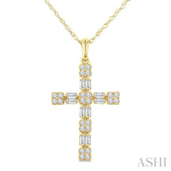 1/3 Ctw Geometric Cross Fusion Baguette and Round Cut Diamond Fashion Pendant With Chain in 14K Yellow Gold