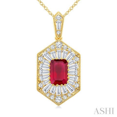 1/2 Ctw Art Deco Hexagon 6X4MM Octagon Shape Ruby, Baguette and Round Cut Diamond Precious Pendant With Chain in 14K Yellow Gold