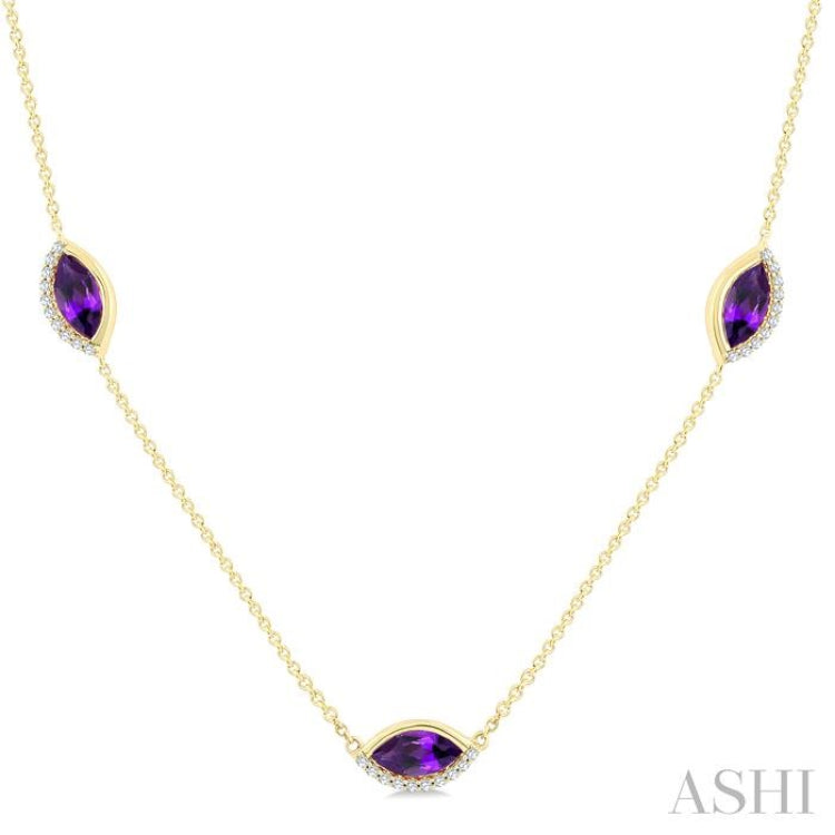 1/4 Ctw Marquise Cut 8X4MM Amethyst and Round Cut Diamond Station Necklace in 10K Yellow Gold