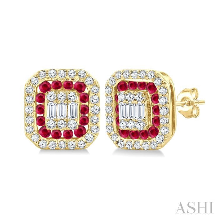 1/3 Ctw Octagonal Shape 1.25 MM Round Cut Ruby, Baguette and Round Cut Diamond Fusion Precious Stud Earrings in 14K Yellow Gold