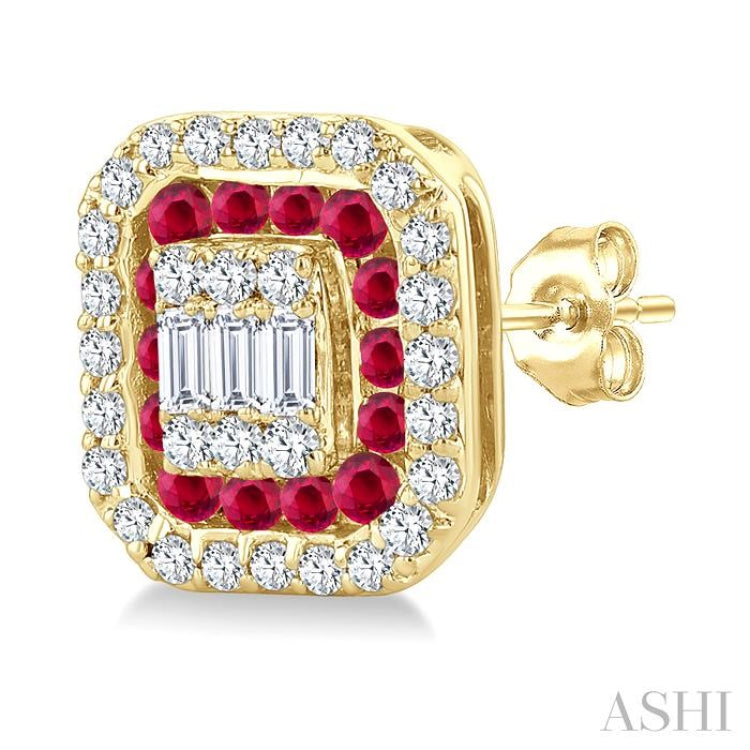 1/3 Ctw Octagonal Shape 1.25 MM Round Cut Ruby, Baguette and Round Cut Diamond Fusion Precious Stud Earrings in 14K Yellow Gold