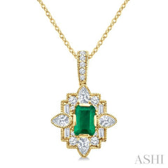 5/8 Ctw Art Deco 6X4MM Octagon Shape Emerald and Mixed Diamond Cut Precious Pendant With Chain in 14K Yellow Gold