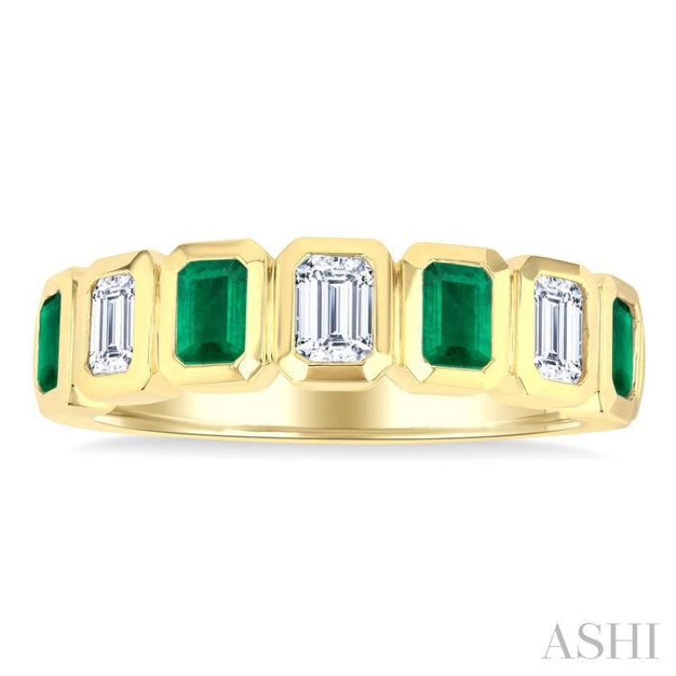 4X3 MM Octagonal Shape Emerald and 5/8 Ctw Emerald Cut Diamond 7 Stone Bezel Set Precious Fashion Band in 14K Yellow Gold