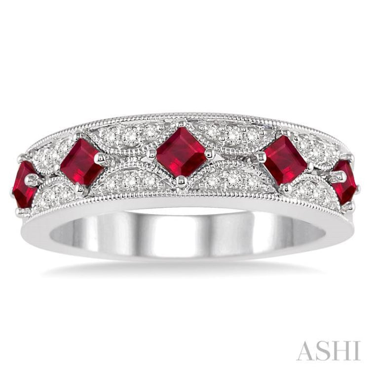 2.5 MM Princess Cut Ruby and 1/6 Ctw Round Cut Diamond Precious Band in 14K White Gold