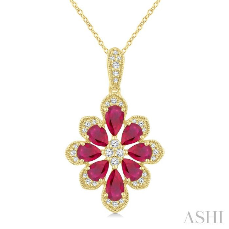 1/6 Ctw Floral Motif 5X3MM & 4X3MM Pear Cut Ruby and Round Cut Diamond Precious Pendant With Chain in 10K Yellow Gold