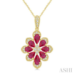 1/6 Ctw Floral Motif 5X3MM & 4X3MM Pear Cut Ruby and Round Cut Diamond Precious Pendant With Chain in 10K Yellow Gold