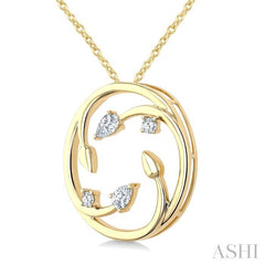 1/4 Ctw Branched Leaf Pear and Round Cut Diamond Circle Fashion Pendant With Chain in 14K Yellow Gold